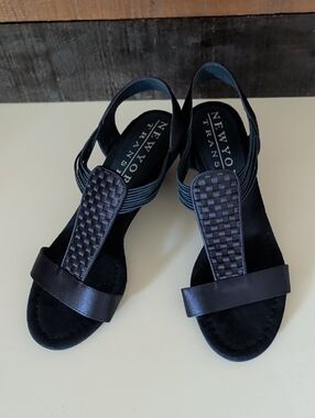 New York Transit Navy Blue Woven T-Strap Slingback Sandals